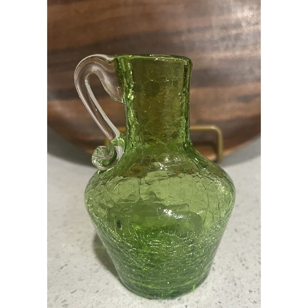 Vintage Lime, Green Crackle Glass Pitcher 5 1/4” Tall